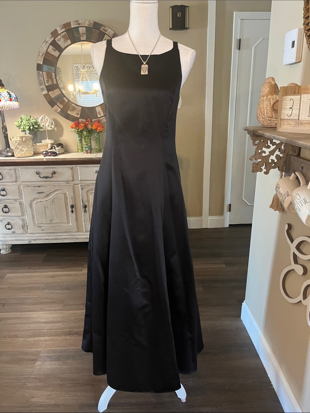 Betsy & Adam Black Satin Maxi Evening Gown